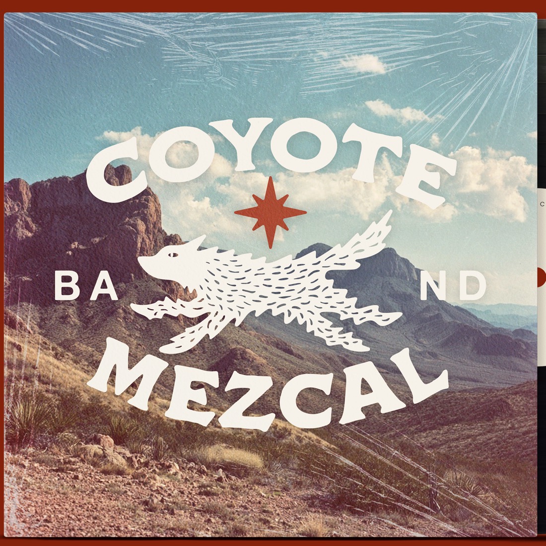 Coyote Mezcal debut EP cover, the coyote-and-star mark over a frontera desert landscape