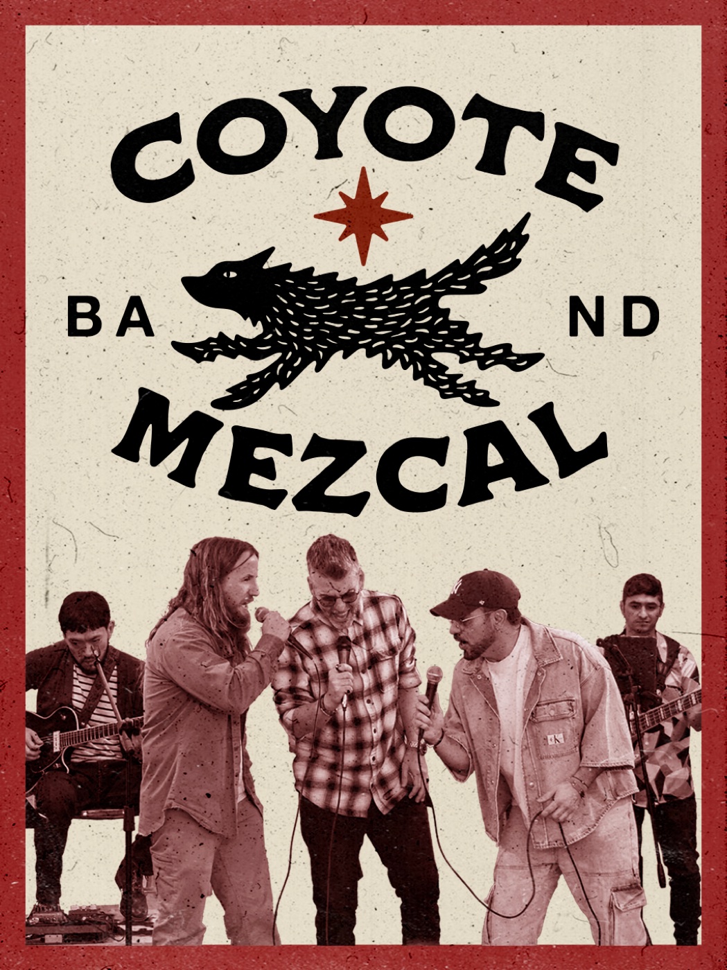 Coyote Mezcal live, the band performing under the coyote-and-star mark